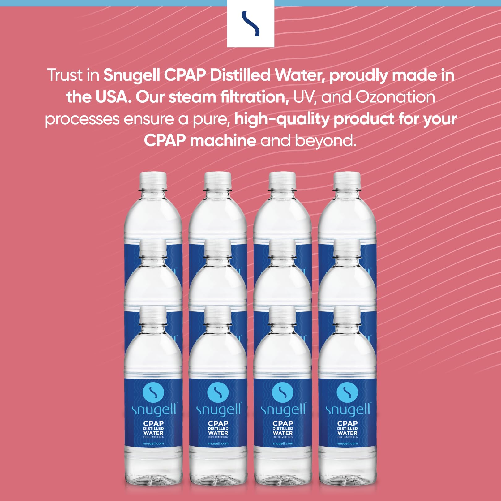 Snugell CPAP distilled water bottles on a pink background with text about product features.