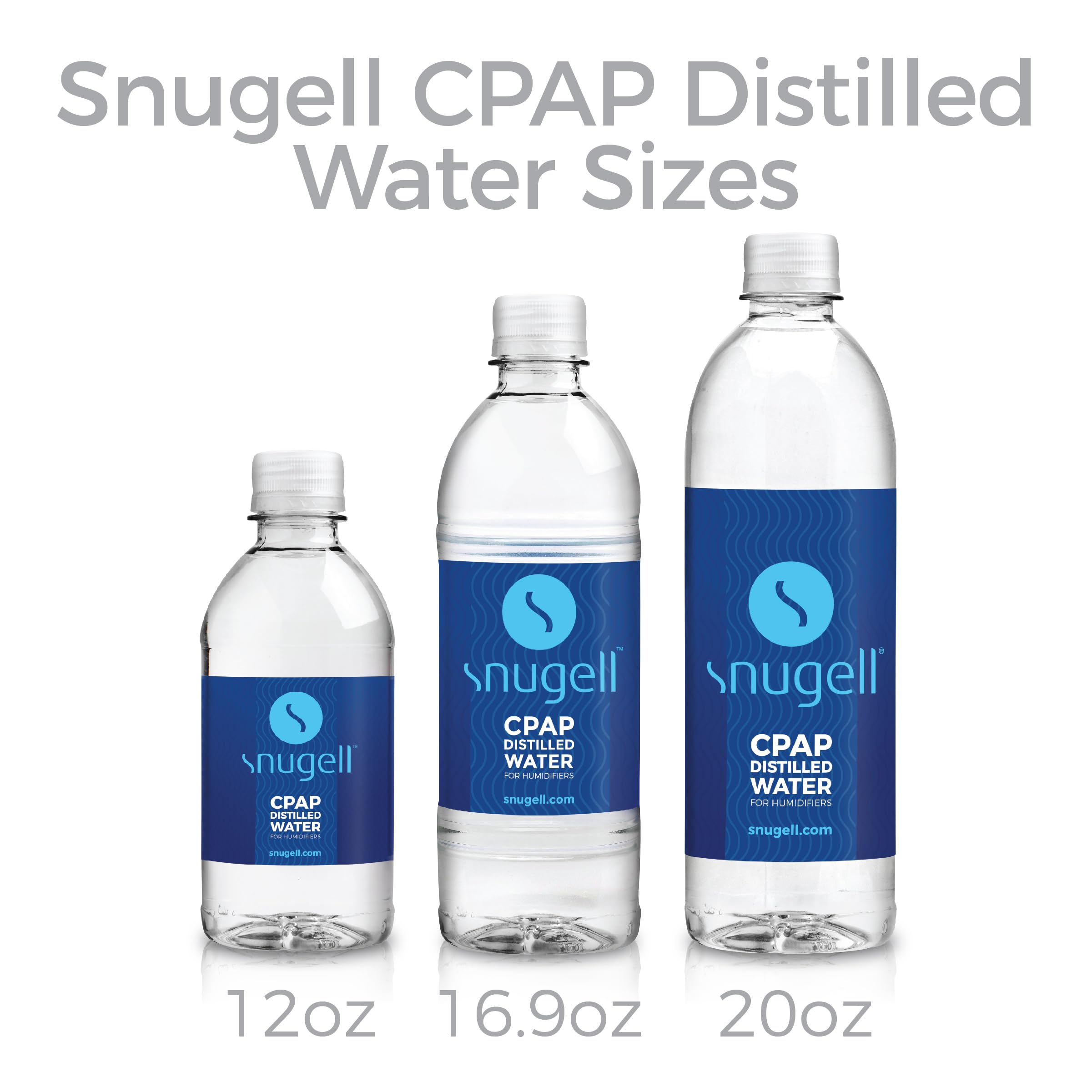 Three bottles of Snugell CPAP Distilled Water with labels indicating different sizes.