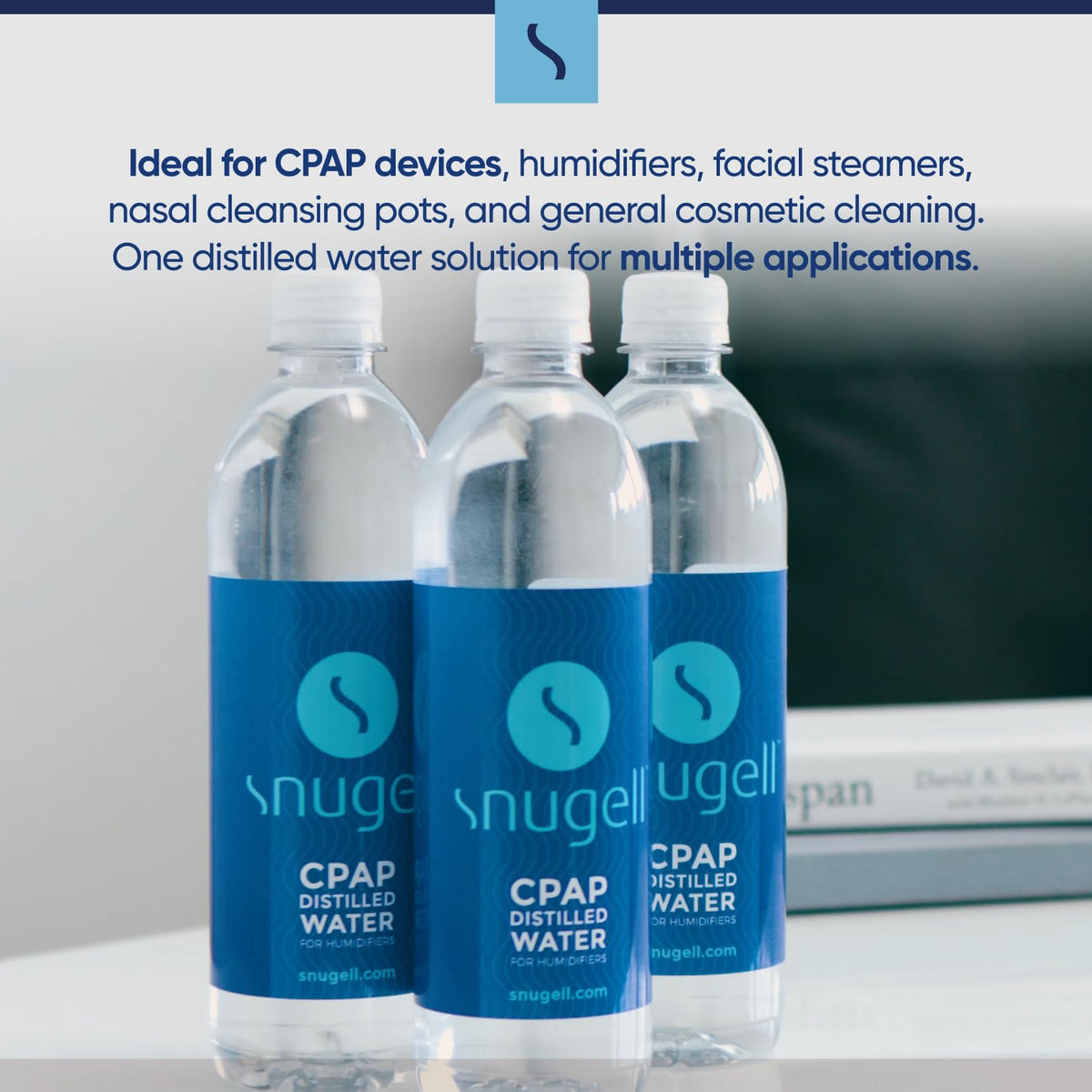 Three bottles of Snugell CPAP distilled water on a surface with promotional text.