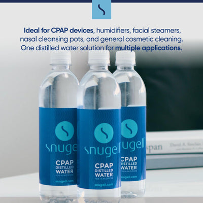 Three bottles of Snugell CPAP distilled water on a surface with promotional text.