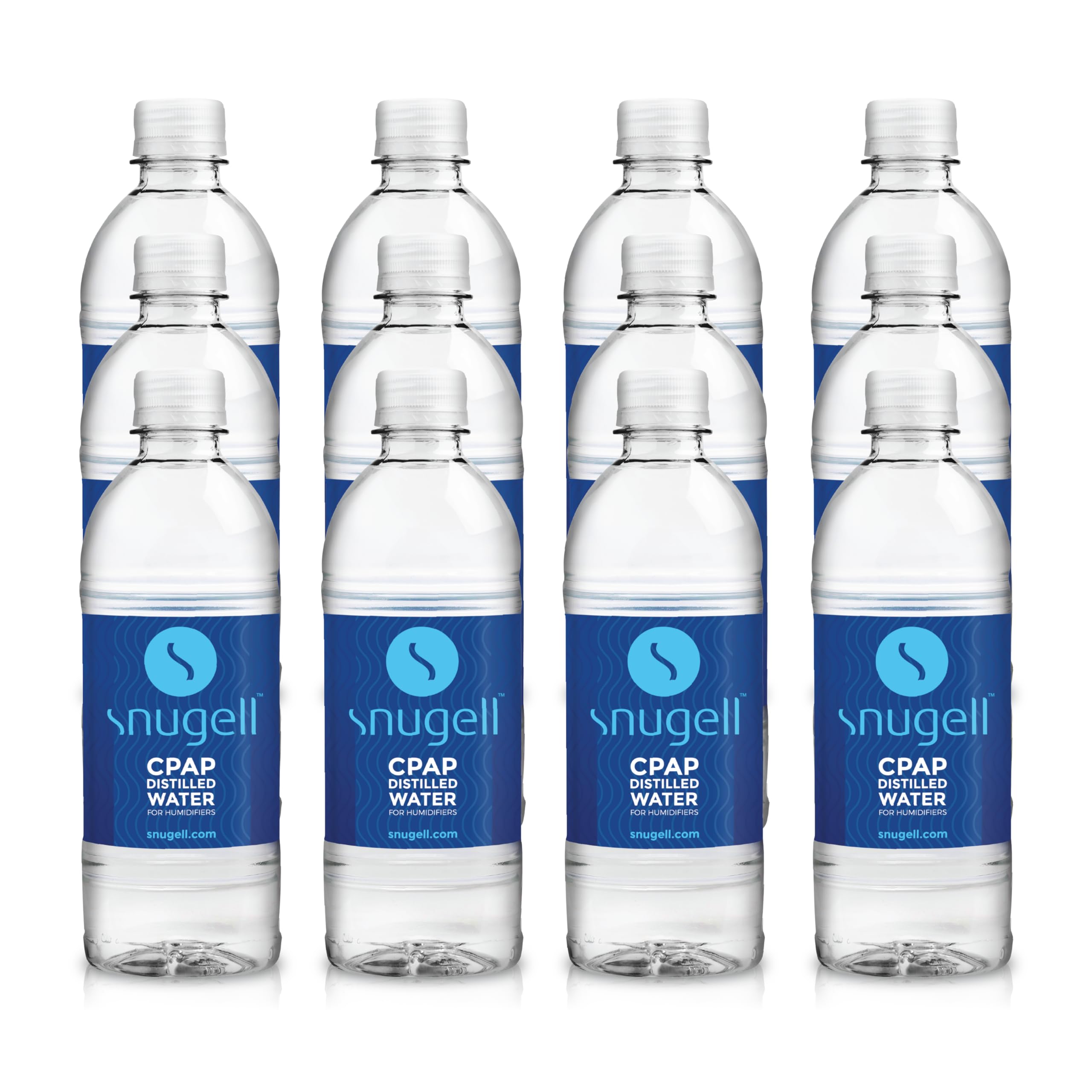 12-pack Snugell CPAP distilled water bottles on a white background.