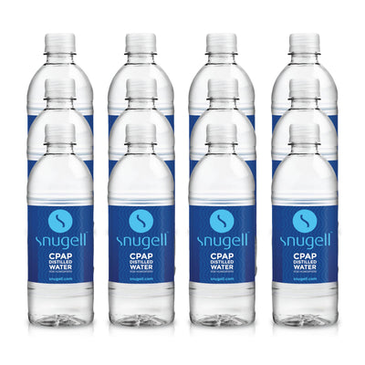 12-pack Snugell CPAP distilled water bottles on a white background.