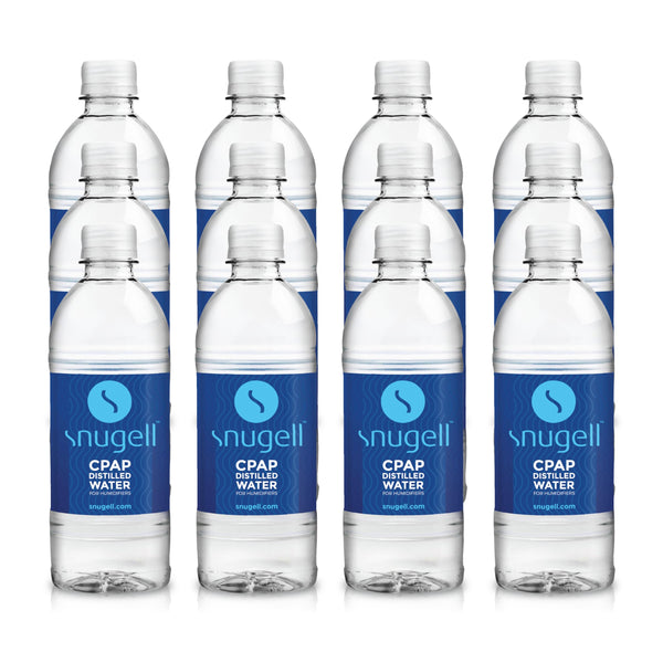 12-pack Snugell CPAP distilled water bottles on a white background.