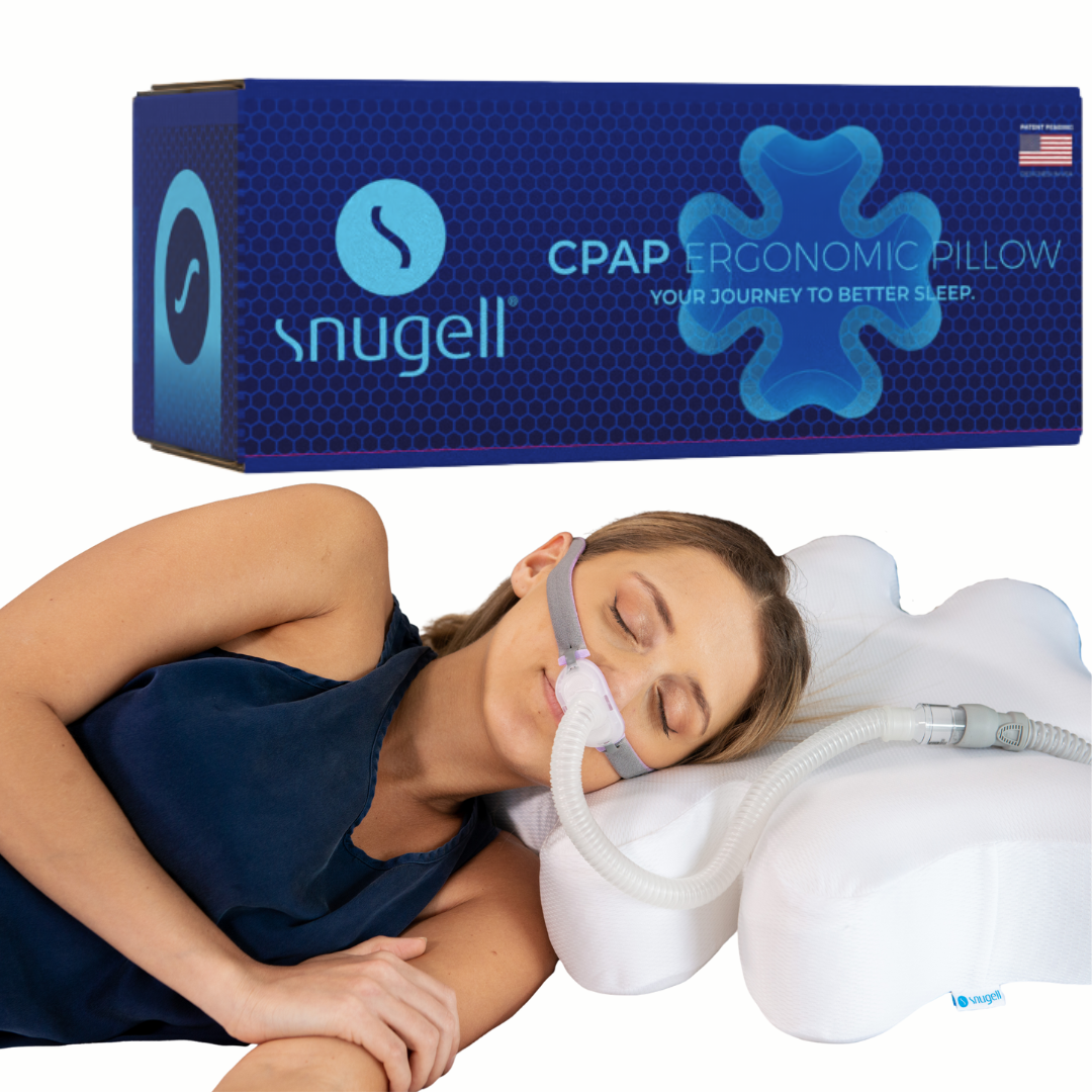 A woman sleeping on a white Snugell CPAP ergonomic pillow with a nasal mask and tube, shown below a blue product box labeled 'Snugell CPAP Ergonomic Pillow'.