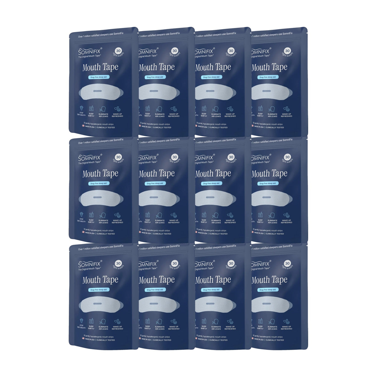 A 12-pack of SanaBio Mouth Tape in blue resealable pouches, arranged in a 3x4 grid on a plain white background.