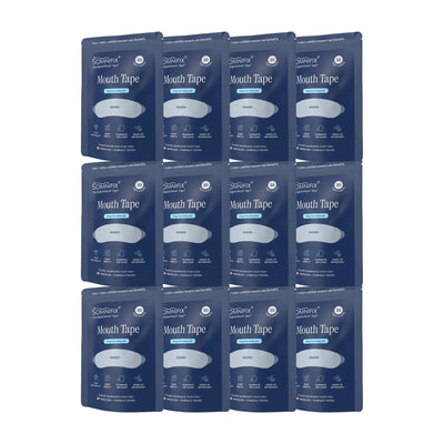 A 12-pack of SanaBio Mouth Tape in blue resealable pouches, arranged in a 3x4 grid on a plain white background.