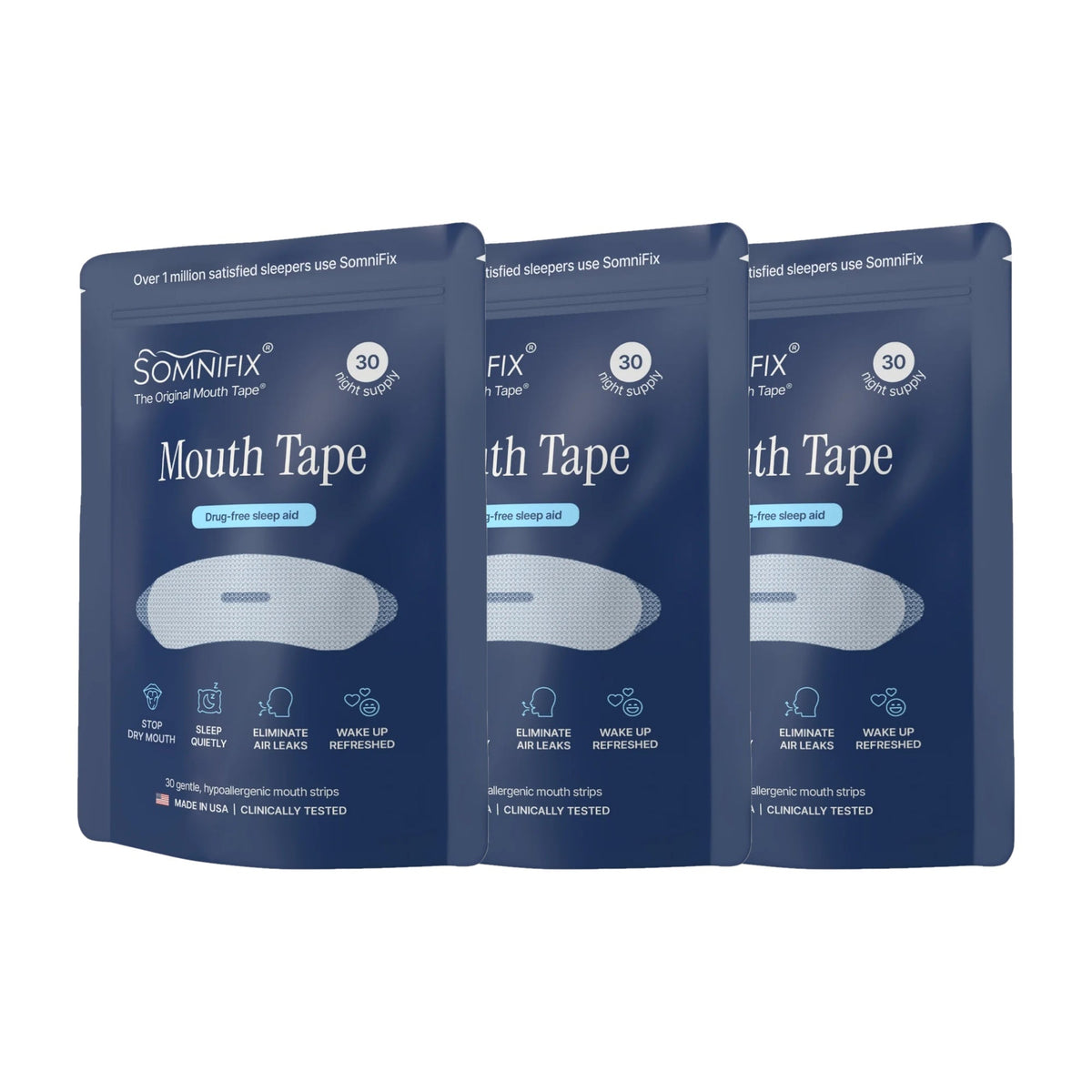 Three dark blue stand-up pouches of SomniFix Mouth Tape arranged in a fan shape on a plain white background.