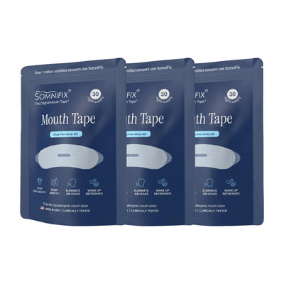 Three dark blue stand-up pouches of SomniFix Mouth Tape arranged in a fan shape on a plain white background.