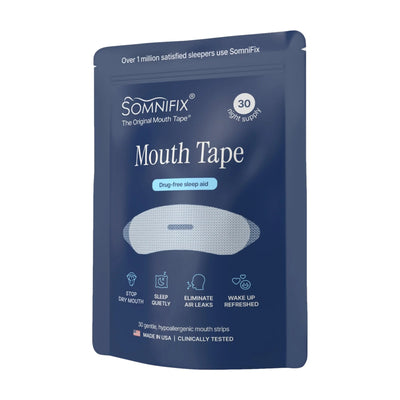 A dark blue stand-up pouch of SomniFix Mouth Tape sleep aid, featuring white and light blue text and a graphic of the mouth tape on the front, set against a plain white background.