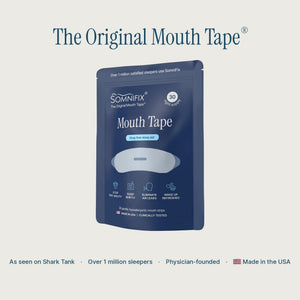A dark blue stand-up pouch of SomniFix Mouth Tape centered on a light warm gray background, with the text 'The Original Mouth Tape' above it and marketing copy along the bottom.