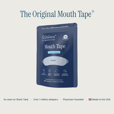 A dark blue stand-up pouch of SomniFix Mouth Tape centered on a light warm gray background, with the text 'The Original Mouth Tape' above it and marketing copy along the bottom.
