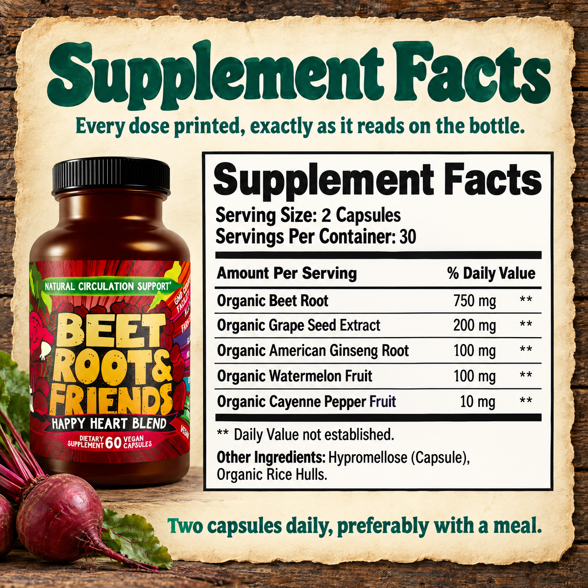 Supplement facts label and ingredient breakdown for Beet Root & Friends Happy Heart Blend