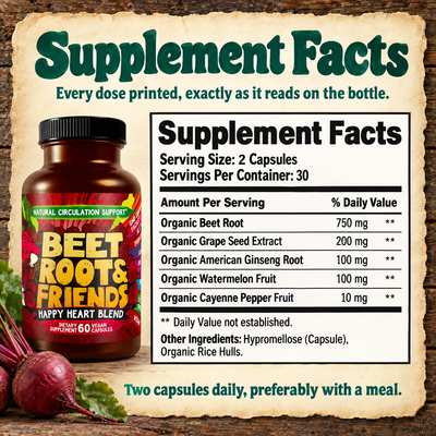 Supplement facts label and ingredient breakdown for Beet Root & Friends Happy Heart Blend