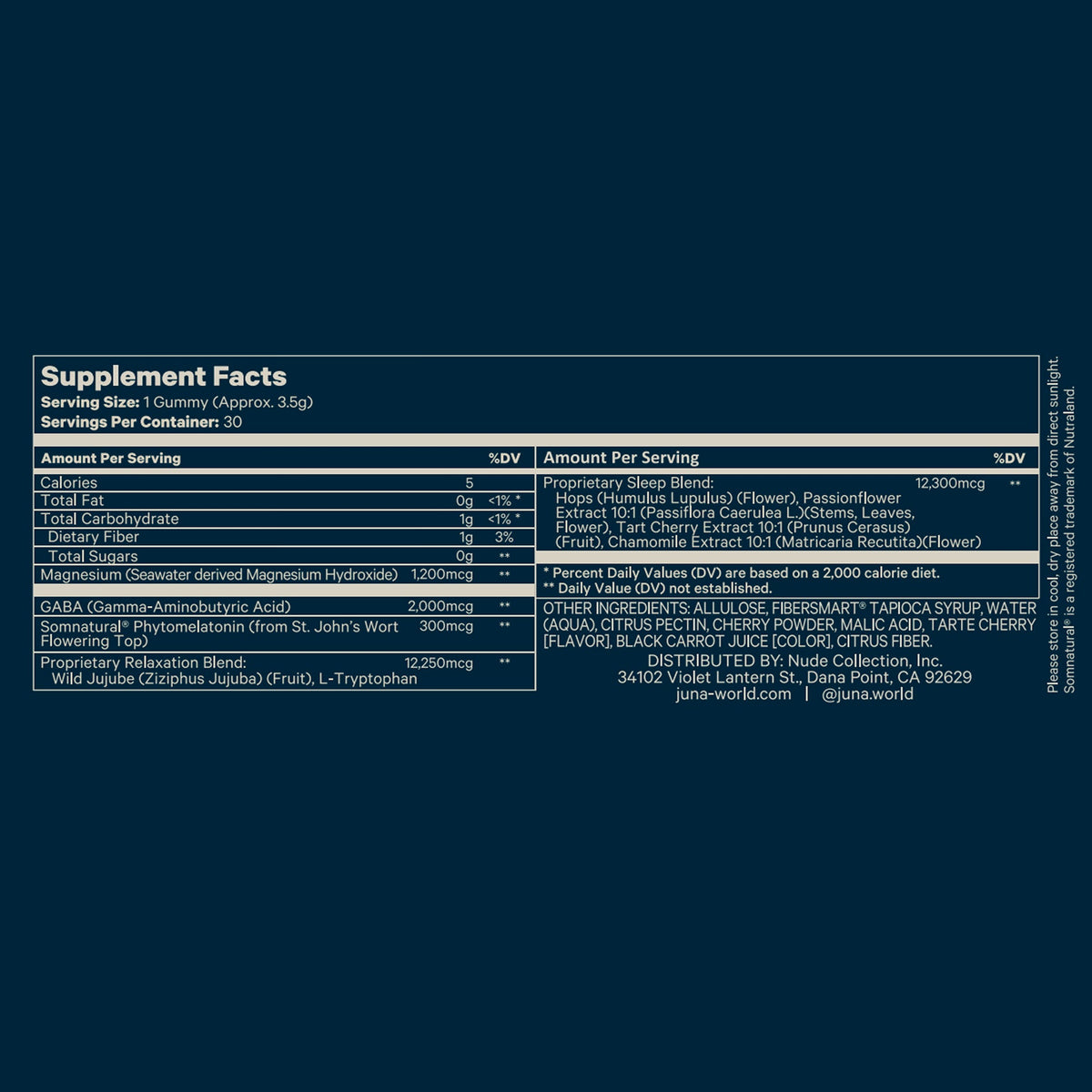 Supplement facts panel and clean ingredients listed on Juna Nightcap sleep gummies bottle