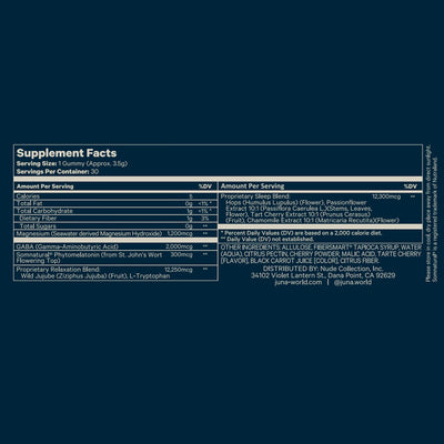 Supplement facts panel and clean ingredients listed on Juna Nightcap sleep gummies bottle