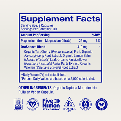 Supplement facts panel for Ora Organic You're a Knockout showing organic chamomile and lemon balm
