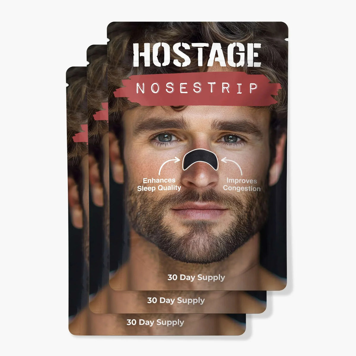 Three-pack 90-day supply of Hostage Nose Strips boxes for prolonged snoring and sleep support