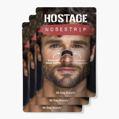 Three-pack 90-day supply of Hostage Nose Strips boxes for prolonged snoring and sleep support