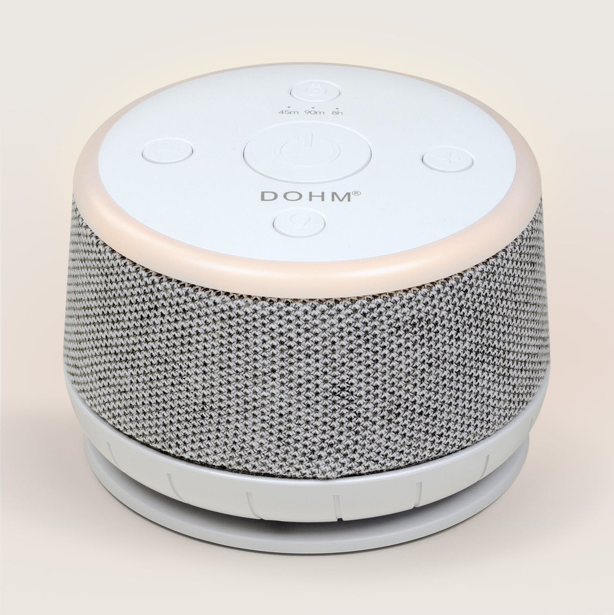 Top view of Yogasleep Dohm Nova sound machine showing rotary tone and volume adjustments