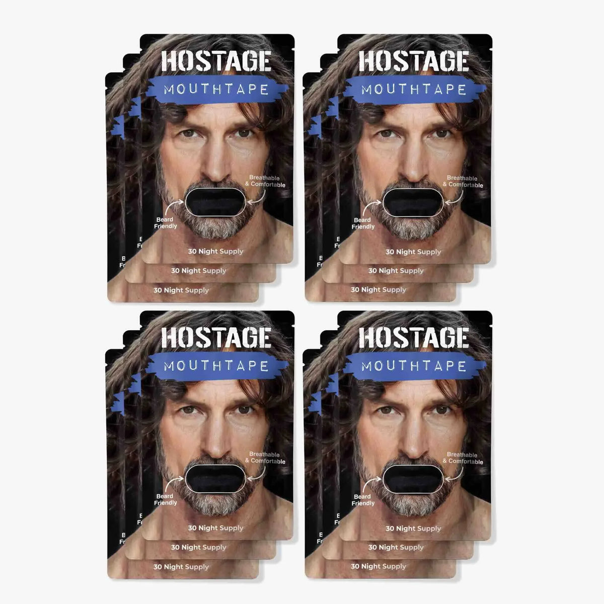 Twelve-pack full one-year supply bundle of black Hostage Mouth Tape boxes