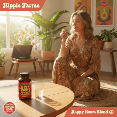 Woman smiling while holding bottle of Hippie Farms Beet Root & Friends dietary supplement