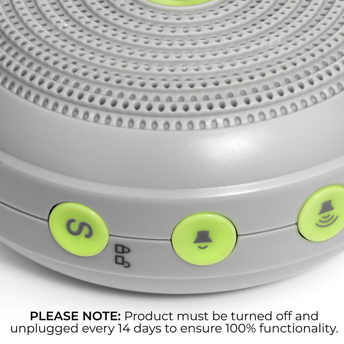 Yogasleep Hushh portable white noise sound machine with USB charging cord and hanging clip