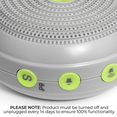Yogasleep Hushh portable white noise sound machine with USB charging cord and hanging clip