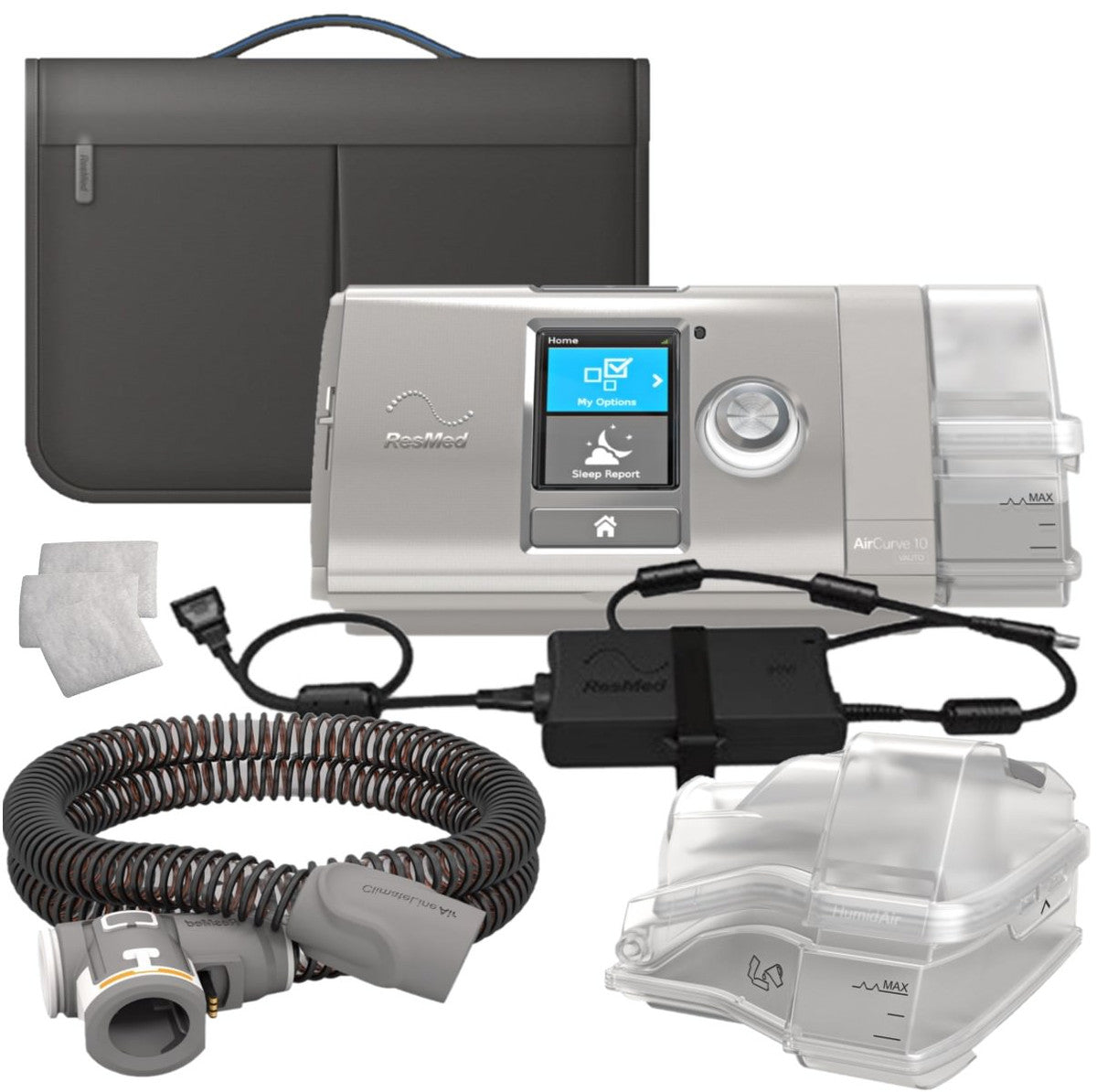 Angled perspective of ResMed AirCurve 10 VAuto bi-level machine with HumidAir humidifier