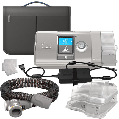Angled perspective of ResMed AirCurve 10 VAuto bi-level machine with HumidAir humidifier