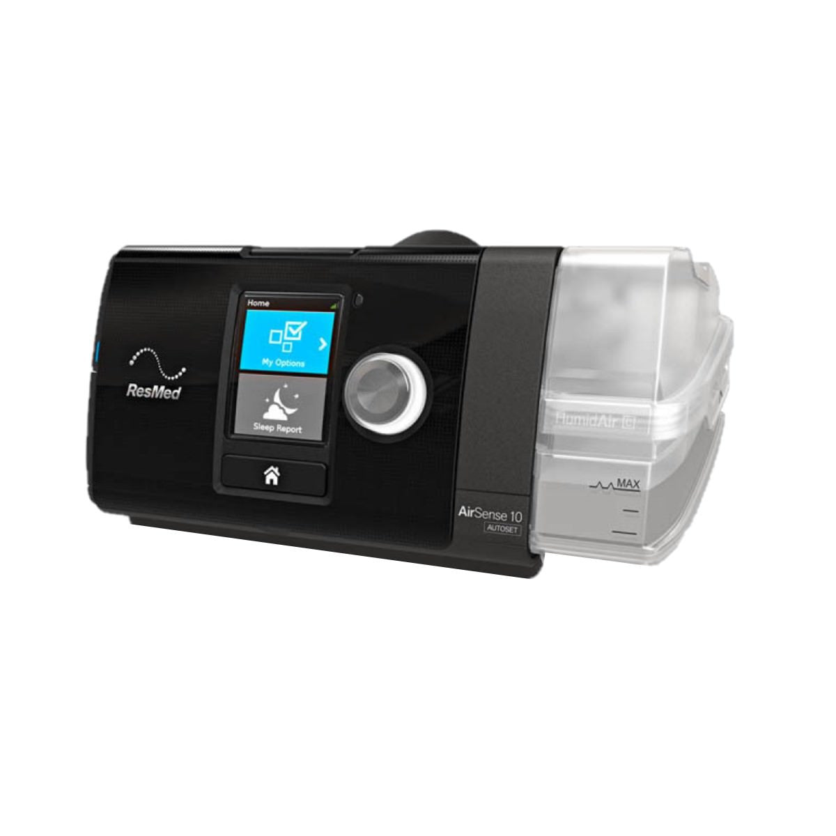 ResMed AirSense 10 AutoSet CPAP machine with integrated HumidAir humidifier front view