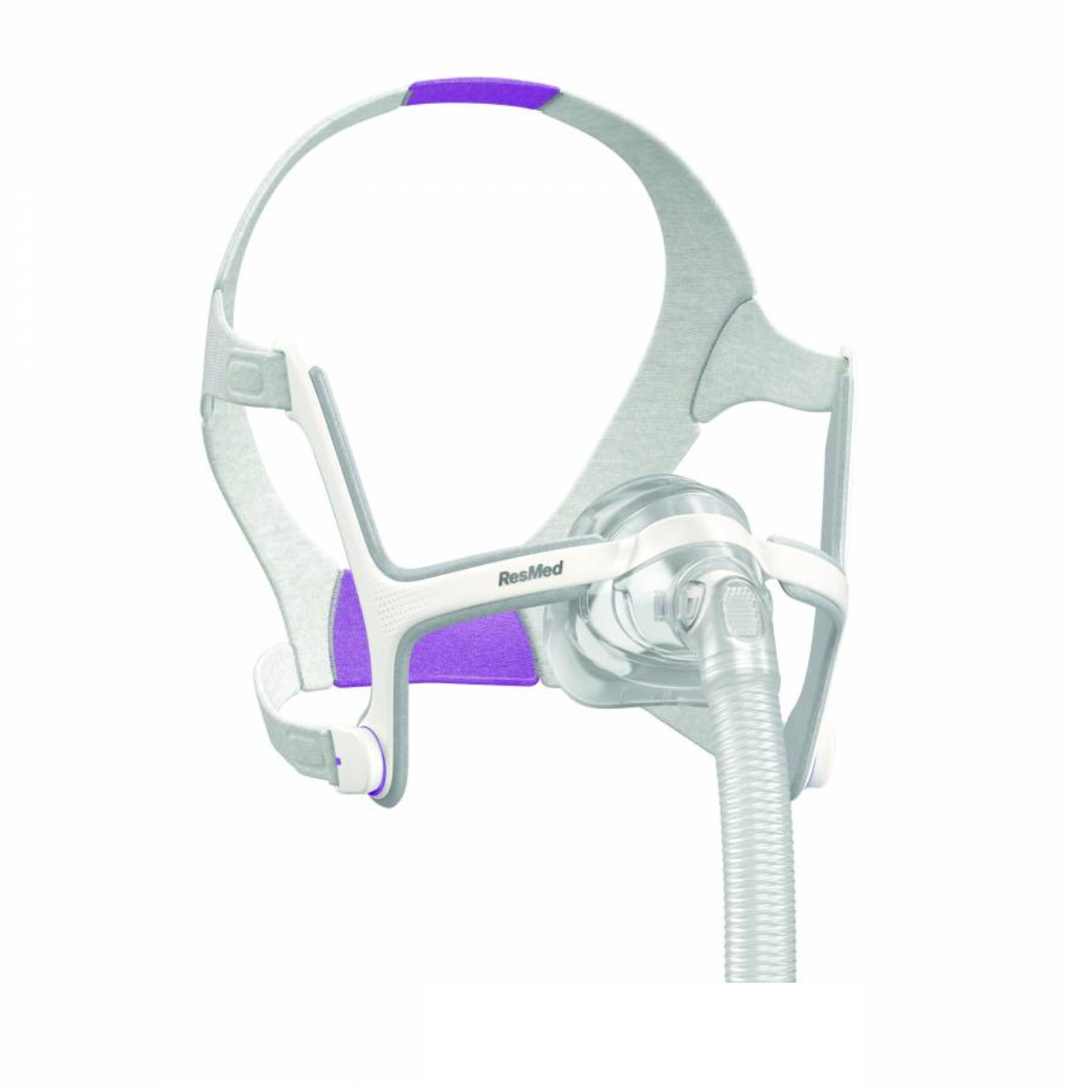ResMed AirTouch N20 For Her nasal CPAP mask system with purple headgear and memory foam cushion, side view