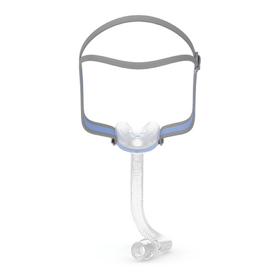 Angled view of ResMed AirFit N30 compact nasal CPAP mask and QuickFit elastic headgear