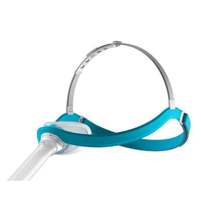 Side view of Fisher & Paykel Evora compact nasal CPAP mask fit pack with CapFit headgear