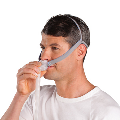 Front close-up of ResMed AirFit P10 nasal pillow CPAP mask highlighting QuietAir woven-mesh venting