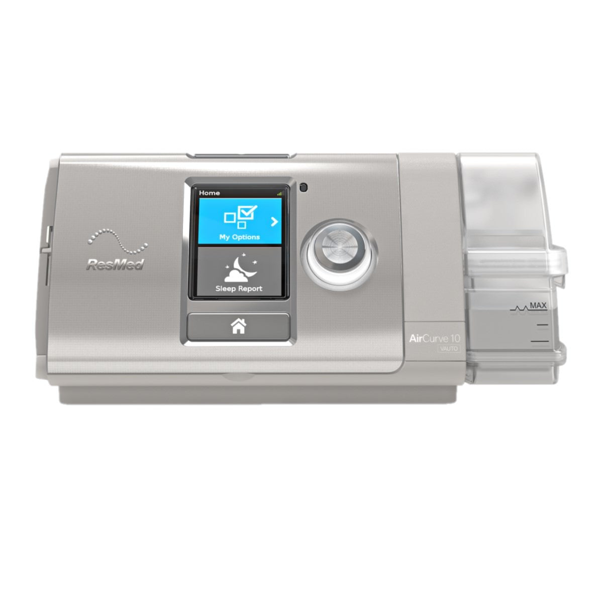Front view of ResMed AirCurve 10 VAuto bi-level machine with HumidAir heated humidifier
