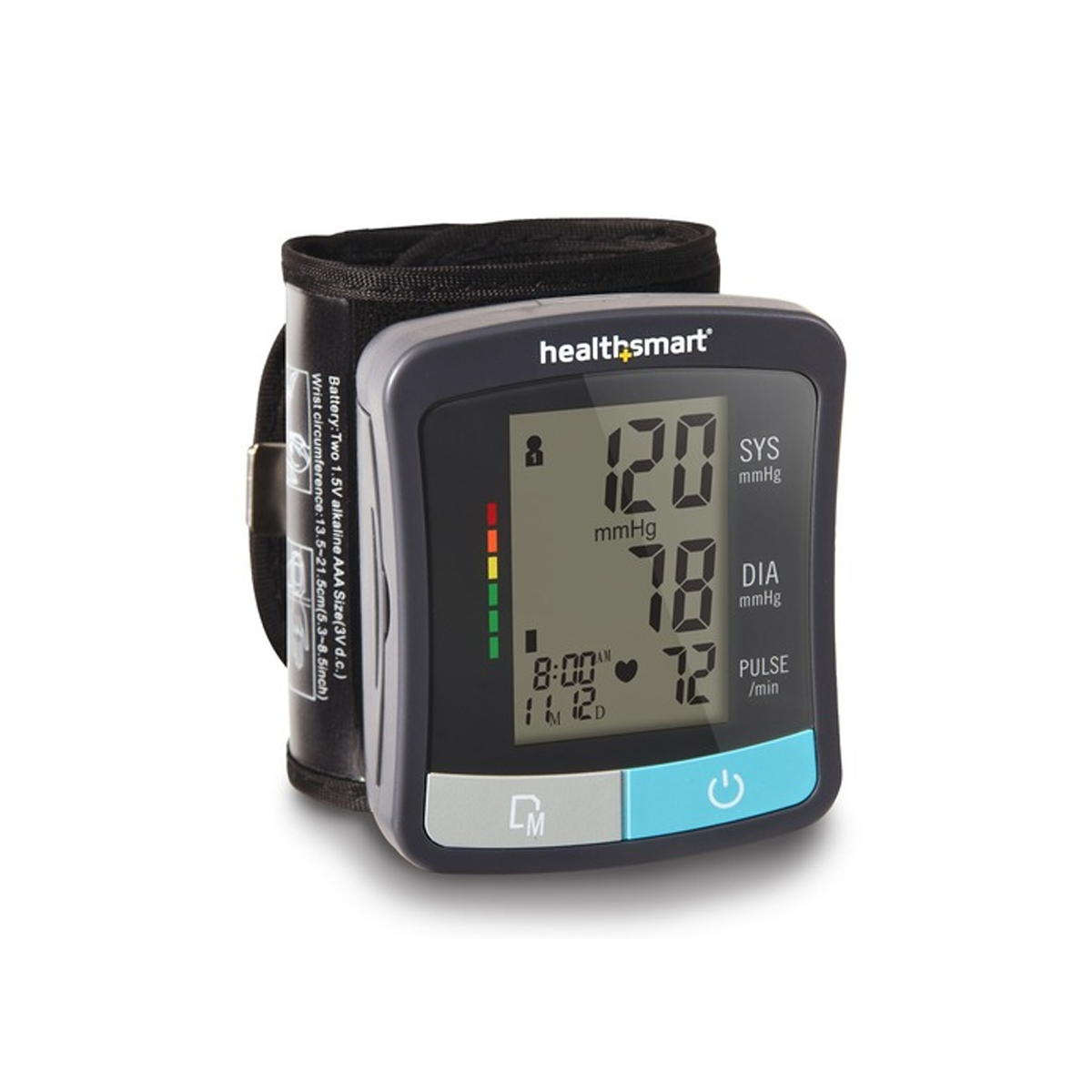 HealthSmart Standard digital wrist blood pressure monitor with LCD display showing systolic and diastolic readings