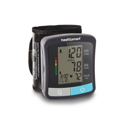 HealthSmart Standard digital wrist blood pressure monitor with LCD display showing systolic and diastolic readings