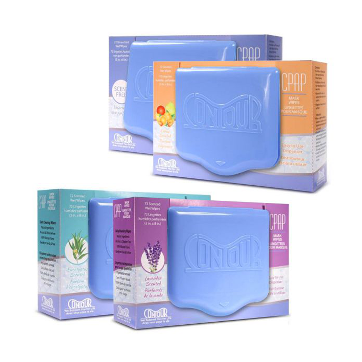 Label details and usage instructions for Contour citrus CPAP cleaning wipes 72-pack