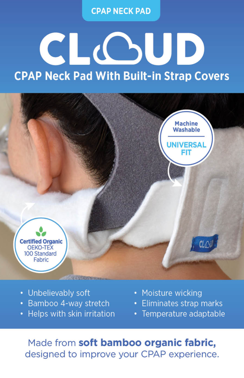 Packaging front of CLOUD bamboo fabric CPAP headgear neck pad and strap cushion covers