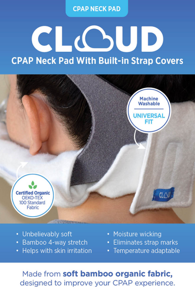 Packaging front of CLOUD bamboo fabric CPAP headgear neck pad and strap cushion covers