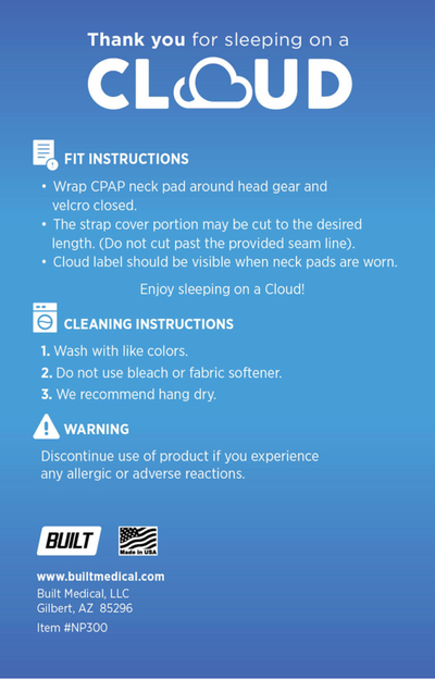 Packaging rear detailing benefits of CLOUD bamboo CPAP neck pad and headgear strap wraps