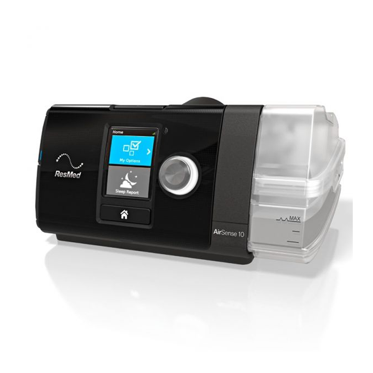 Refurbished ResMed AirSense 10 AutoSet CPAP machine with HumidAir heated humidifier, front perspective