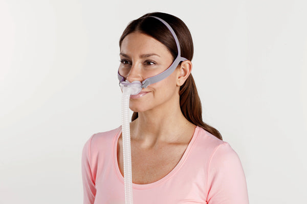 ResMed AirFit™ P10 Nasal Pillow CPAP Mask and Headgear for Her - Side View