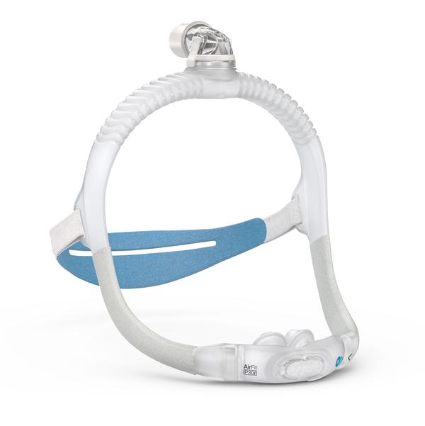 Side profile of ResMed AirFit P30i nasal pillow CPAP mask showing QuietAir vent and headgear