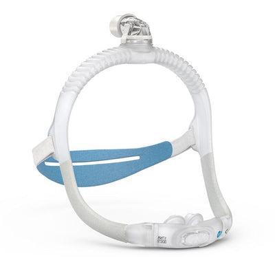Side profile of ResMed AirFit P30i nasal pillow CPAP mask showing QuietAir vent and headgear