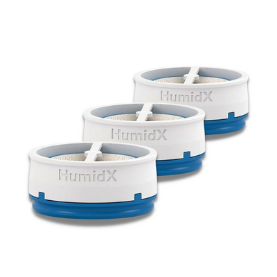 Retail packaging of ResMed HumidX Standard waterless humidifier cartridges, 3-pack