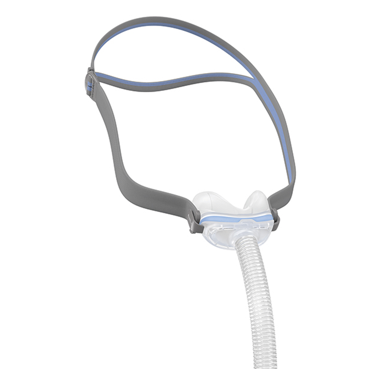 Side profile of ResMed AirFit N30 nasal CPAP mask showing adjustable split-strap headgear