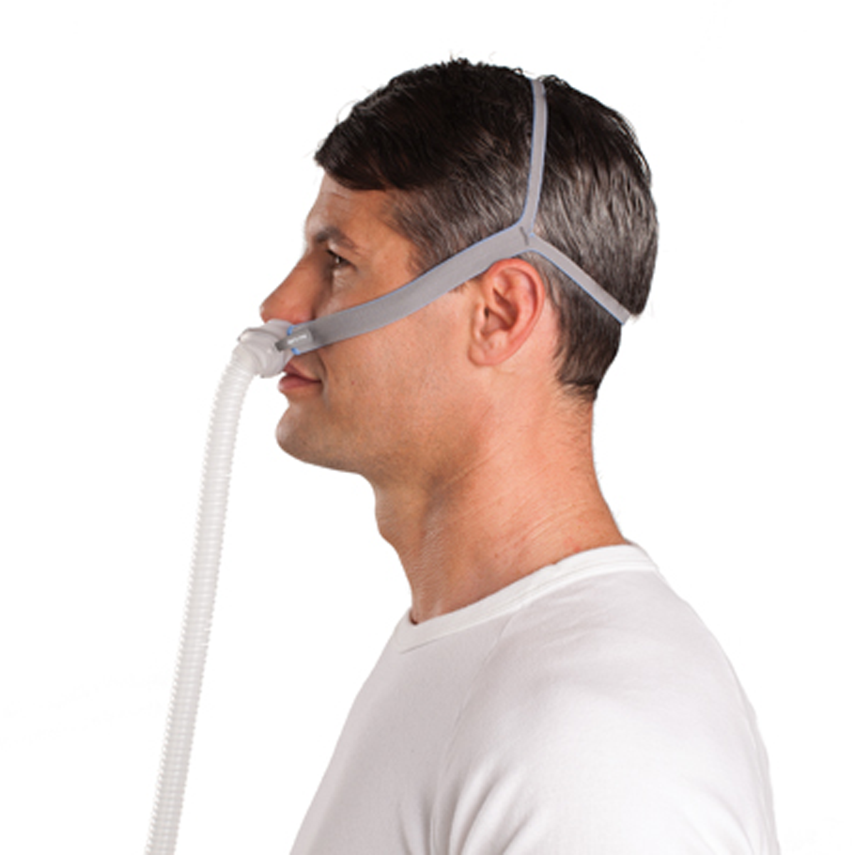 Side profile of ResMed AirFit P10 nasal pillow CPAP mask and elastic QuickFit headgear
