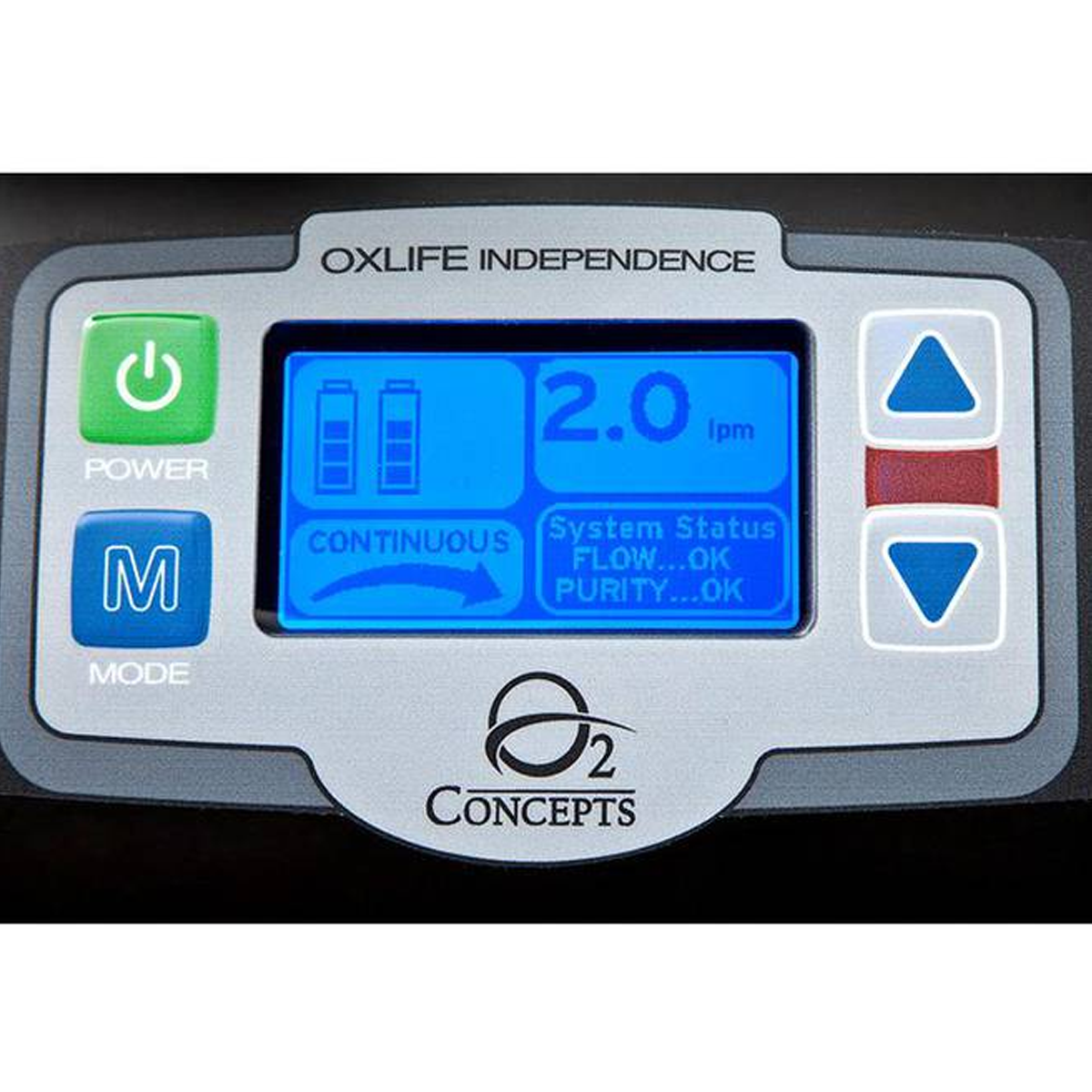 Side view of O2 Concepts Oxlife Independence mobile oxygen concentrator