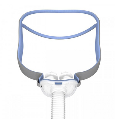 Three-quarter angle view of ResMed AirFit P10 nasal pillow CPAP mask and headgear